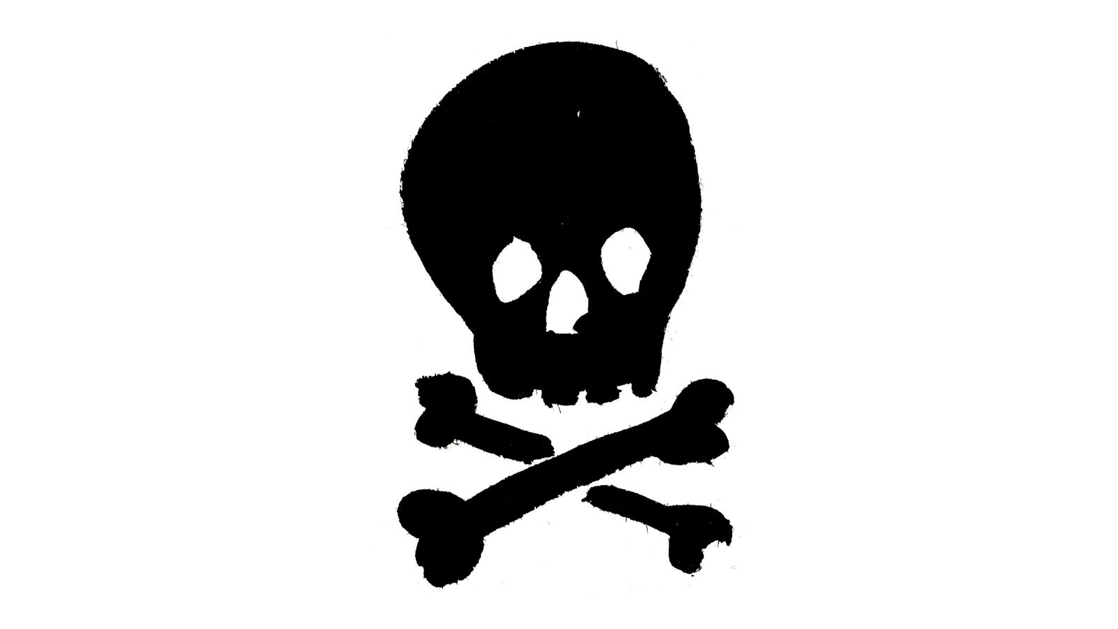 A black ink drawing of a skull and crossbones