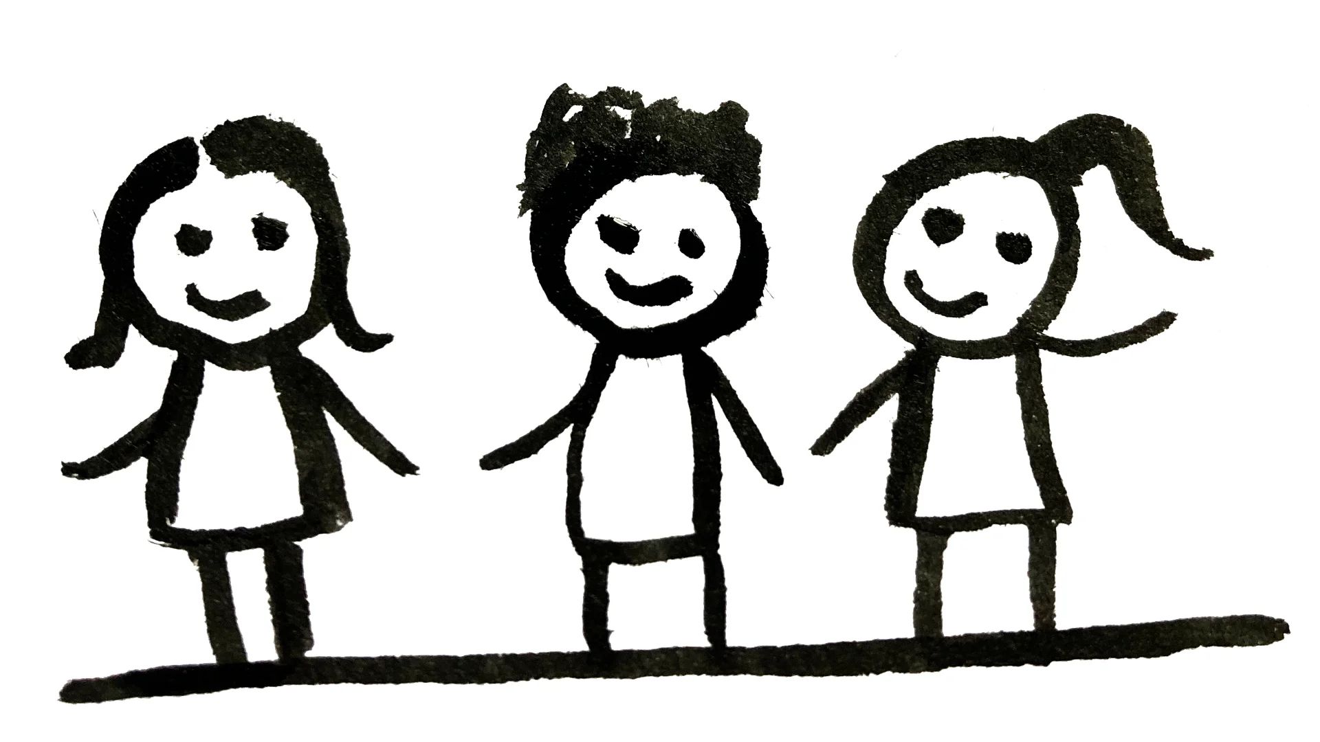 A drawing of three child-like figures in black ink