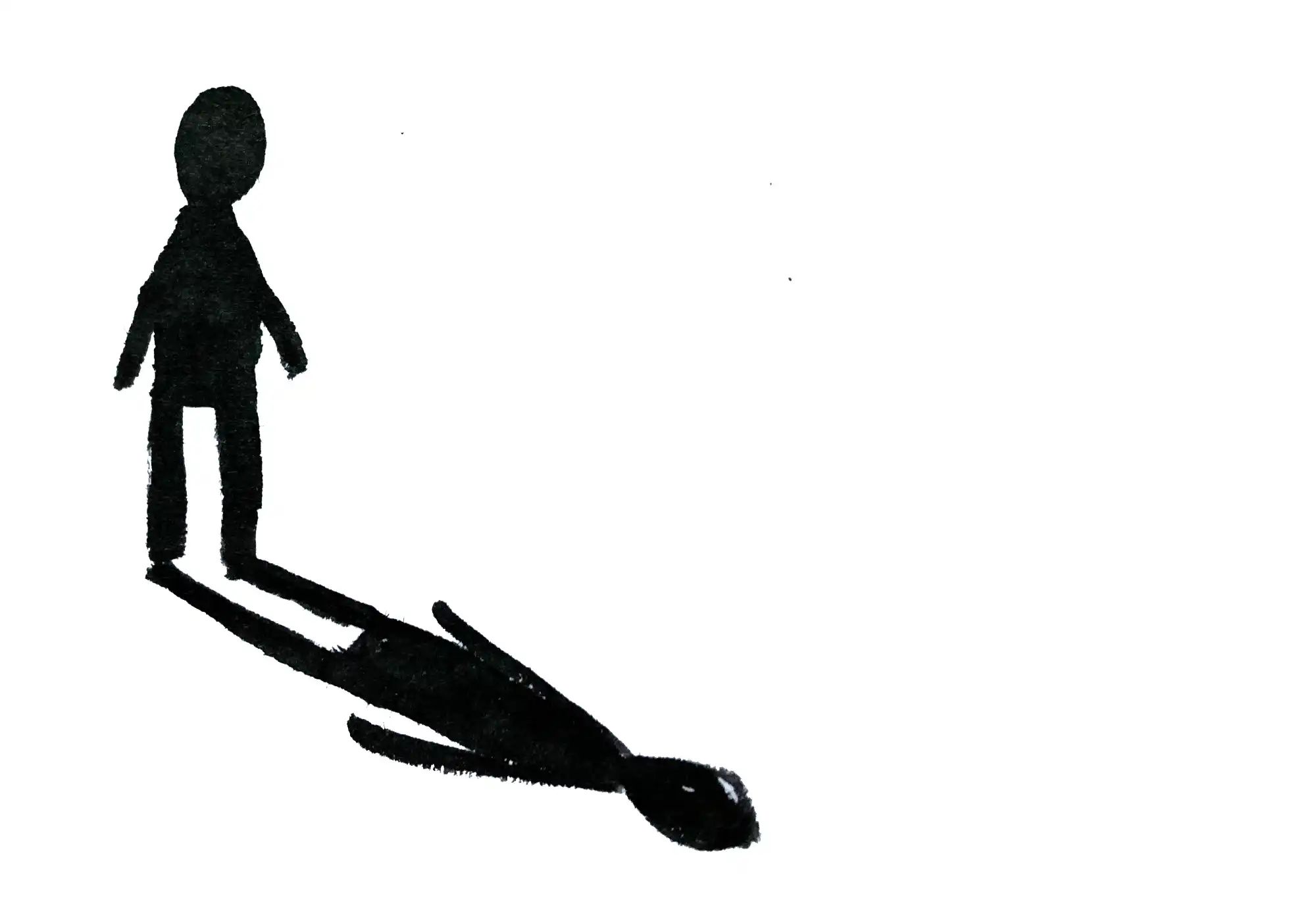 Silhouette of a figure with a long shadow, drawn in black ink