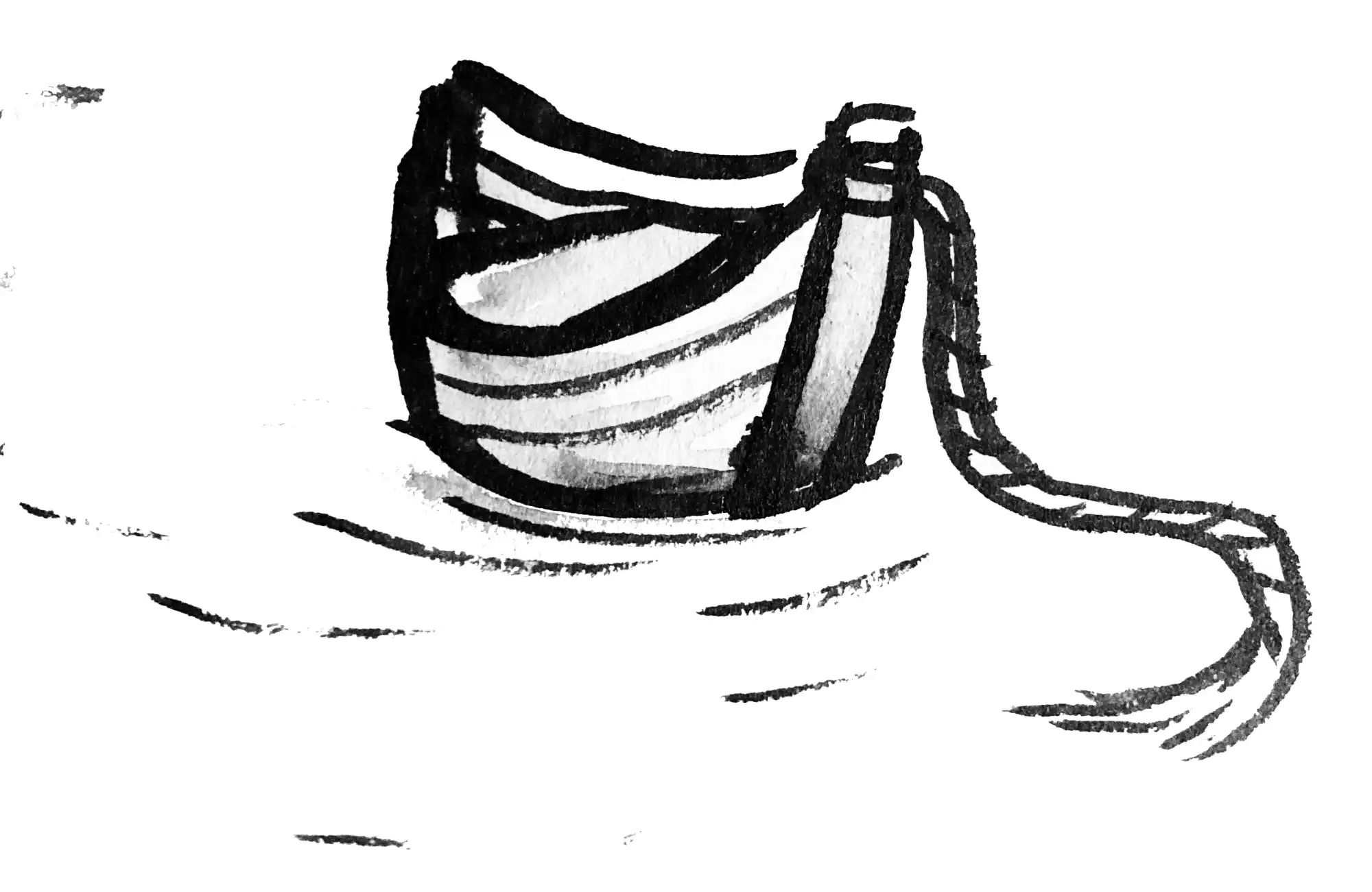 A dinghy with a rope trailing in the water drawn in black ink